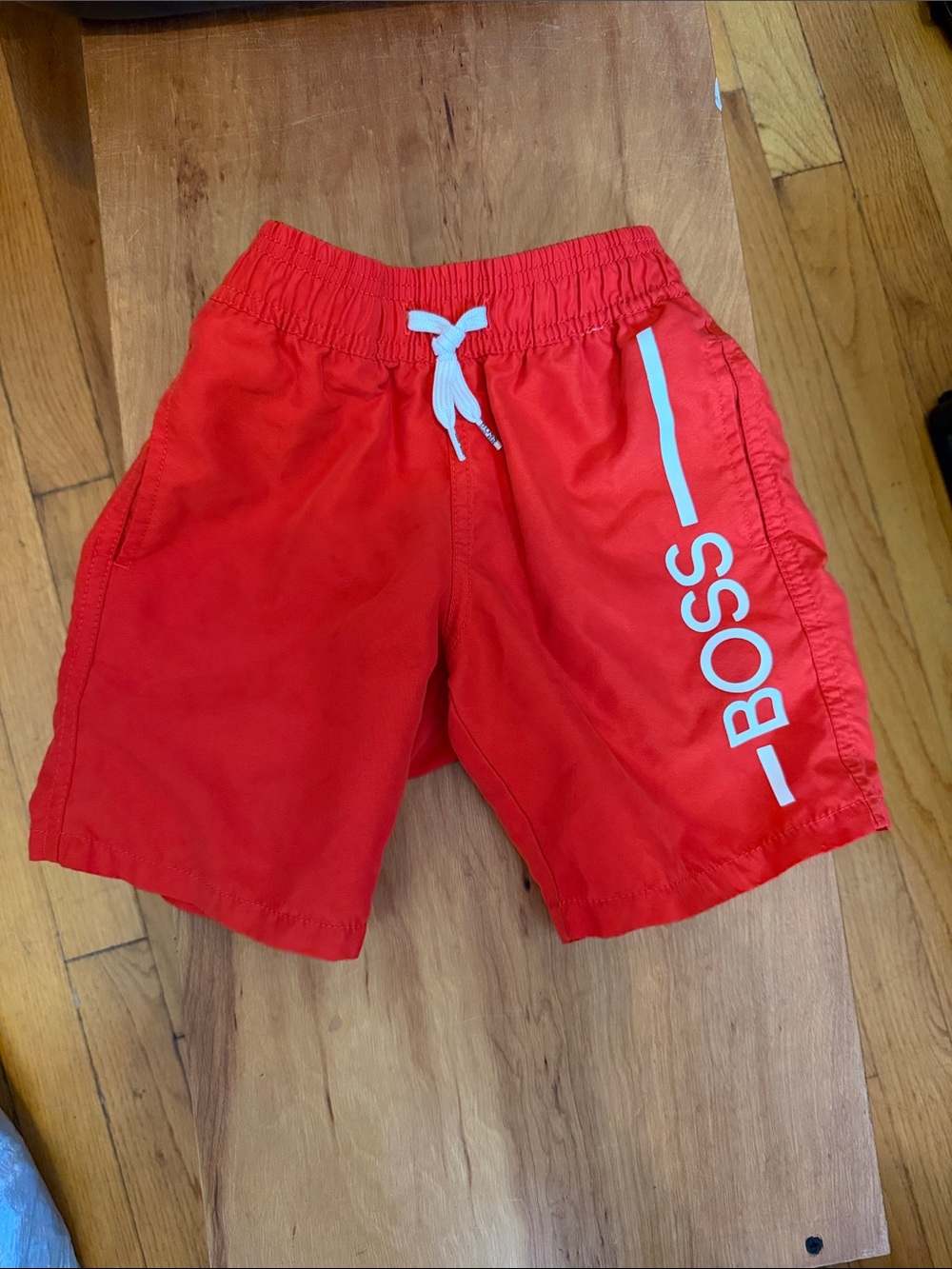 Boss Bright Red Boys' Logo Swim Shorts with White Drawstring